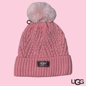 UGG Pink Rhinestone Cable Knit Hat Soft Faux Fur Lined PomPom Beanie Warm Winter